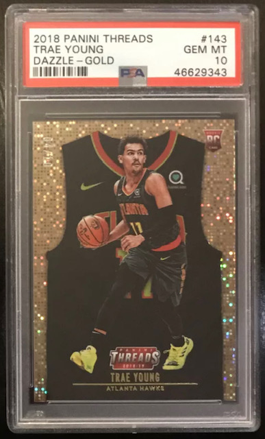 Photo of 2018-19 Trae Young Panini Threads Gold Dazzle Rookie Card