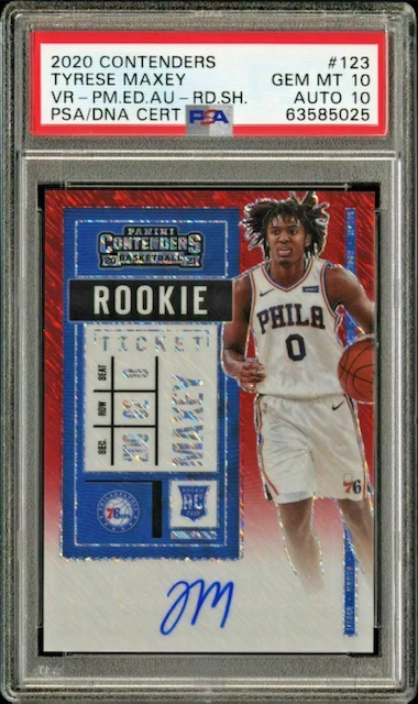 Photo of 2020 Tyrese Maxey Optic Contenders Rookie Ticket Red Shimmer Rookie Card