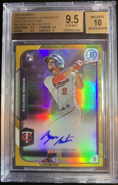 Photo of the 2015 Byron Buxton Bowman Chrome Gold Refractor Auto Rookie Card