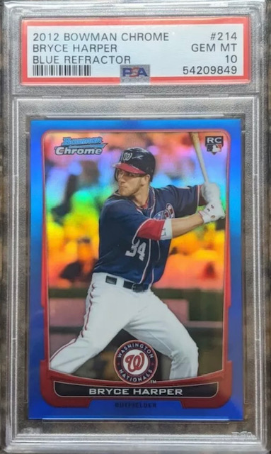 Photo of a 2012 Bryce Harper Bowman Chrome Blue Refractor Rookie Card