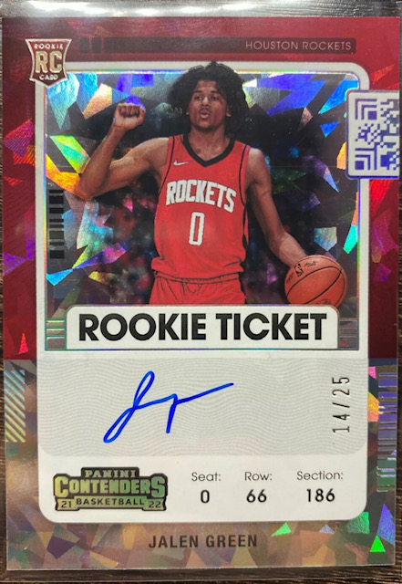 Photo of a 2021 Jalen Green Panini Contenders Rookie Ticket Cracked Ice Auto Rookie Card