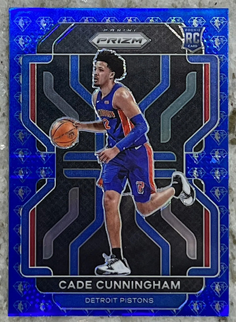 Photo of a 2021 Cade Cunningham Panini Prizm Blue 75th Anniversary Edition Rookie Card