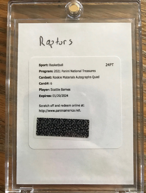 Photo of a 2021 Scottie Barnes National Treasures RPA Rookie Card