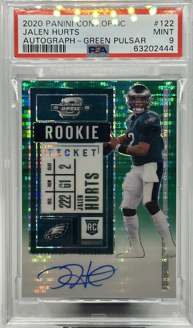 Photo of a 2020 Jalen Hurts Contenders Green Pulsar rookie card