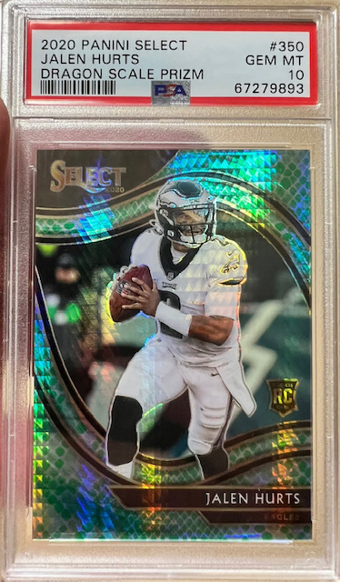 Photo of a 2020 Jalen Hurts Select On Field Dragon Scale rookie card